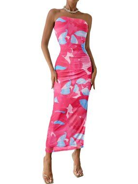 Women's Rose Red Summer Wedding Guest Dress Strapless Tube Top Floral Maxi